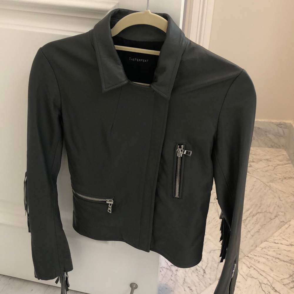 Gray Leather fringe jacket